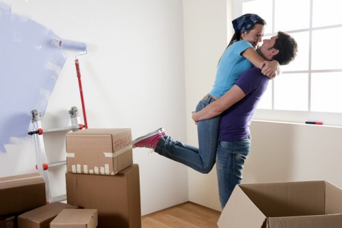 Packed office furniture and IT equipment prepared for transport